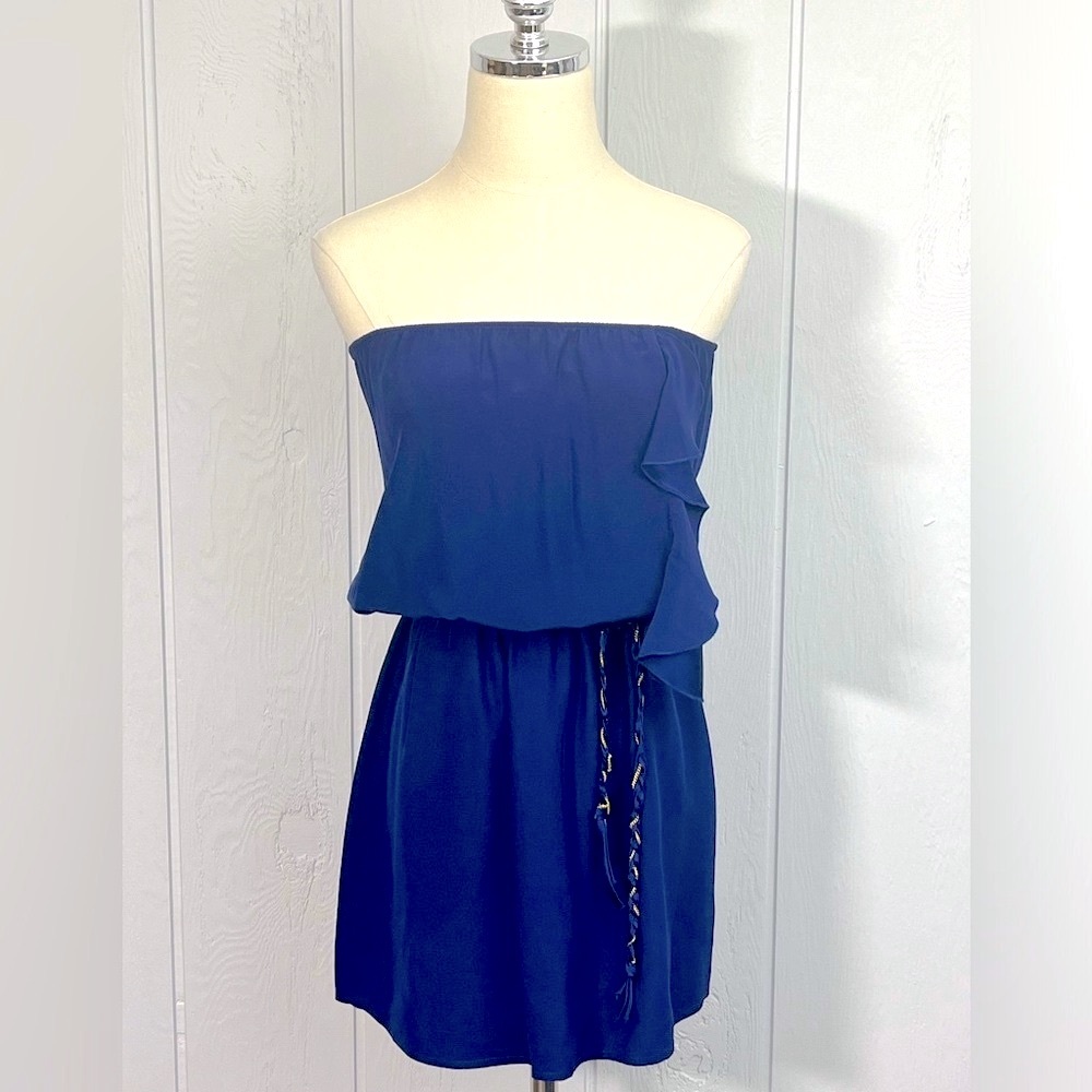 Karina Grimaldi - Silk Blouson Strapless Mini Dress Braided Gold Chain Belt XS - Picture 3 of 12